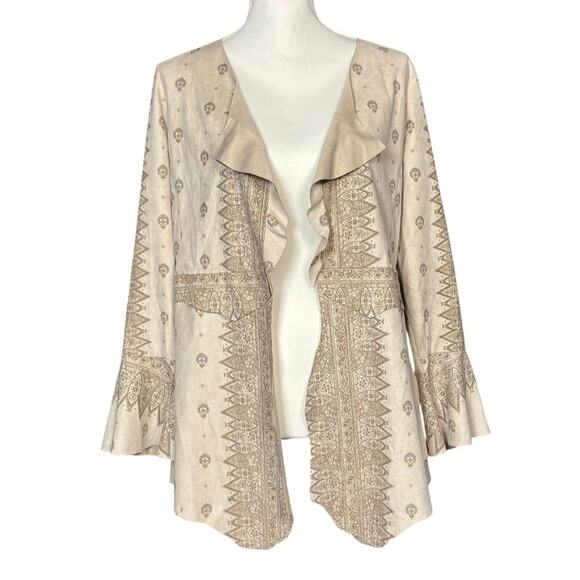 Vocal Jacket Size Small Tan  Flared Sleeve Open Front Ruffle Suede Lace Up Back - Picture 1 of 7